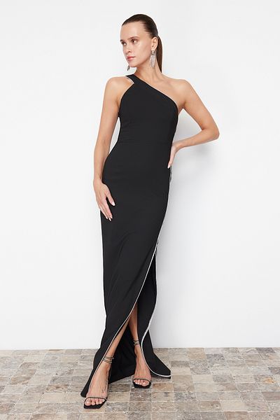 Trendyol Collection Długa czarna tkana suknia wieczorowa - TPRSS24AE00123
