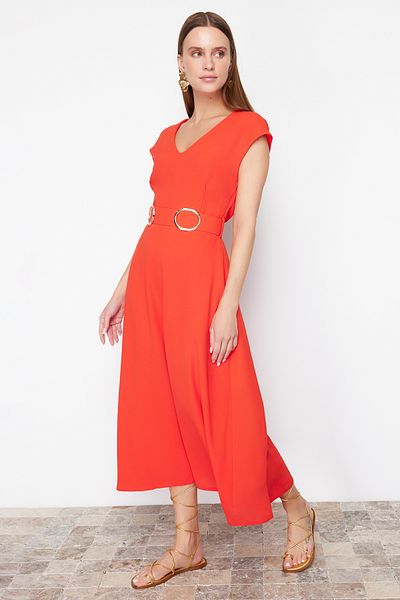 Trendyol Collection Red Belted Skirt Waist Opening Midi Crepe Woven Dress TWOSS24EL00018
