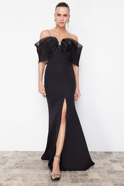 Trendyol Collection Μαύρη πέτρα Λεπτομερές υφαντό μακρύ κομψό βραδινό φόρεμα & φόρεμα επιστροφής στο σπίτι TPRSS24AE00184