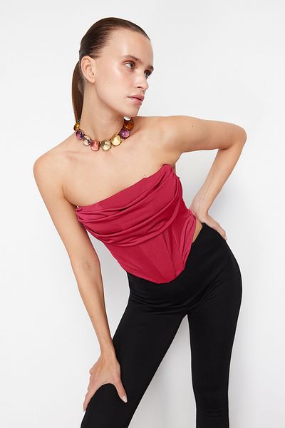 Trendyol Collection Fuchsiový pletený bustier - Crop korzet podrobný, podšitý TPRSS23BS00006