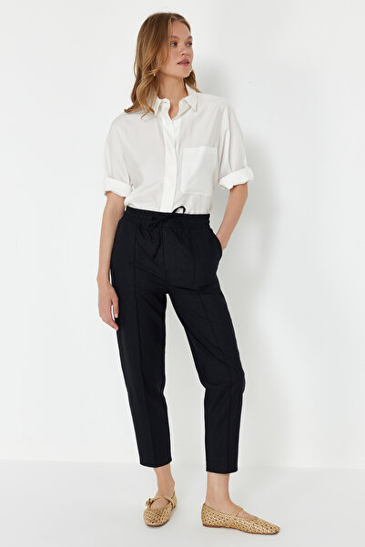 Trendyol Collection Linen Blended Black Pull On Trousers - Elastic Waist TWOSS24PL00144