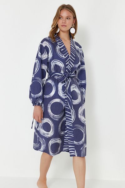 Trendyol Collection Geometric Patterned Belted Mini Woven 100% Cotton Kimono&Kaftan TBESS24KM00051