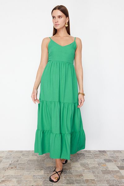Trendyol Collection Πράσινη φούστα Flounce πίσω γραβάτα Λεπτομερές μάξι υφαντό φόρεμα με τιράντες TWOSS23EL00027