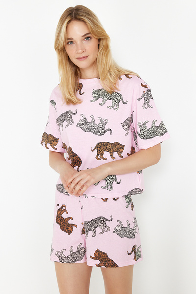 Trendyol Collection Női pár/pár többszínű 100% pamut tigris mintás kötött pizsama szett rövidnadrággal THMSS24PT00078