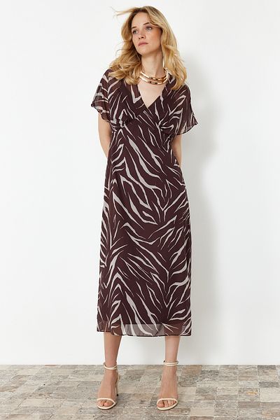 Trendyol Collection DArk Brown Chiffon MAxi Dress - AnimAl Print, A-line, TWOSS24EL00812