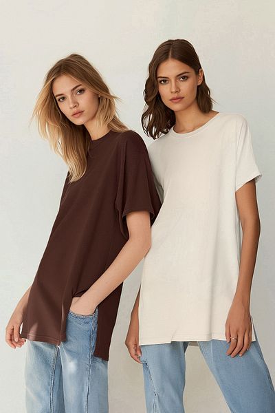 Trendyol Modest Braun-beige 2er-Pack geschlitzte, kurzärmlige Basic-Strick-T-Shirts mit Rundhalsausschnitt TCTSS21UK0009