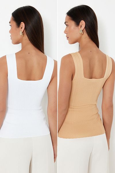 Trendyol Collection Camel-Ecru Basic Double Pack Ball Knitwear Thin Blouse TWOSS24BZ00623