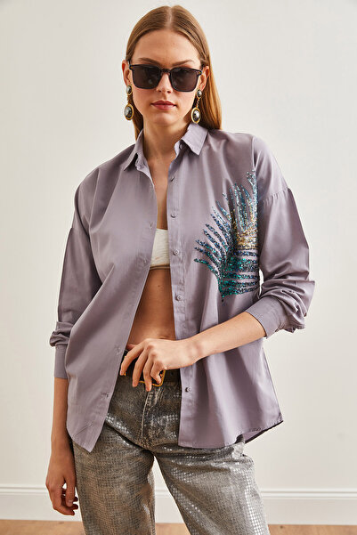 Olalook Šedá popelínová dámská košile oversize s dlaní - GML-19001016