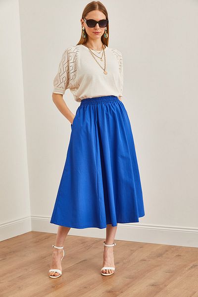 Olalook Saks Blue Midi Bell Skirt - ETK with Pockets and Elastic Waist19000271