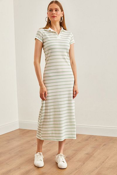Olalook Γυναικείο ριγέ φόρεμα Water Green Polo Collar - Lycra ELB-19002045