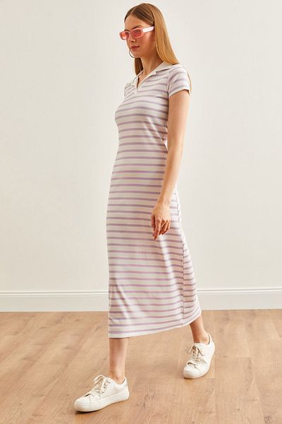 Olalook Lilac Polo Collar Striped Lycra Women's Dress - ELB-19002045
