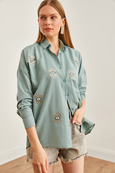 Olalook Green Sequined Women's Boyfriend Shirt - GML-19000992