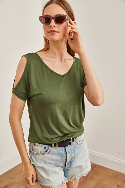 Olalook Bluză de damă, kaki, de viscoză, cu decolteu în V, cu umeri - BLZ-19002291