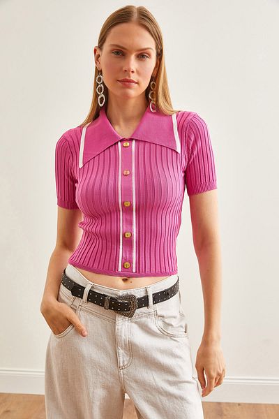 Olalook Ροζ Polo Neck Crop Γυναικεία μπλούζα με κουμπιά BLZ-19002642