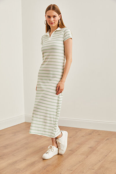 Olalook Γυναικείο ριγέ φόρεμα Water Green Polo Collar - Lycra ELB-19002045