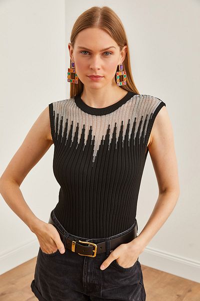 Olalook Dámská černá stříbrná halenka z průhledného žebrovaného úpletu BLZ- 19002645