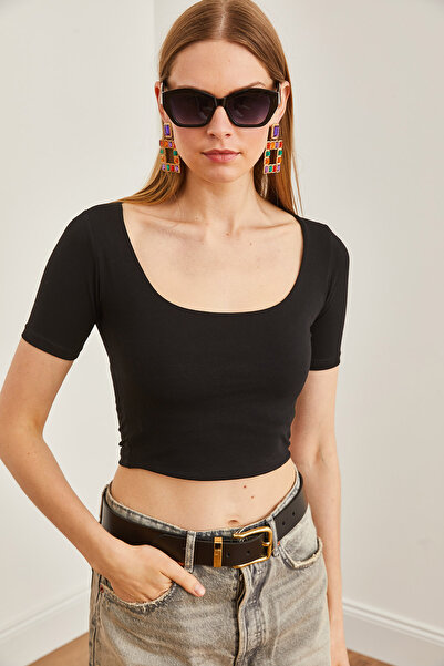 Olalook Μαύρο βαμβακερό γυναικείο μπλουζάκι Lycra διπλής στρώσης - TSH-19000818