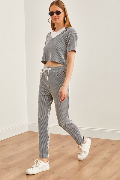 Olalook Smoke Colored Women's Blouse and Trousers Set - Pocket and Skinny Leg TKM-19000292
