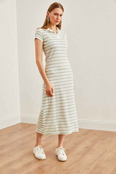 Olalook Γυναικείο ριγέ φόρεμα Water Green Polo Collar - Lycra ELB-19002045