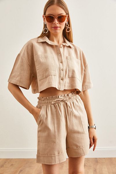 Olalook Linen Women's Set - Stone Colored Top and Bottom Pocket Shorts TKM-19000291