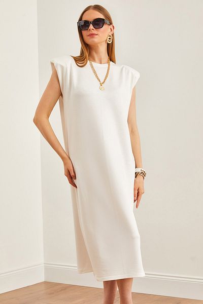 Olalook Ecru Crystal Dress - Shoulder Padding and Slit, ELB-19002086