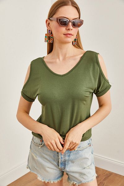 Olalook Γυναικεία μπλούζα χακι βισκόζης με λαιμόκοψη ώμου χαμηλής κοπής - BLZ-19002291