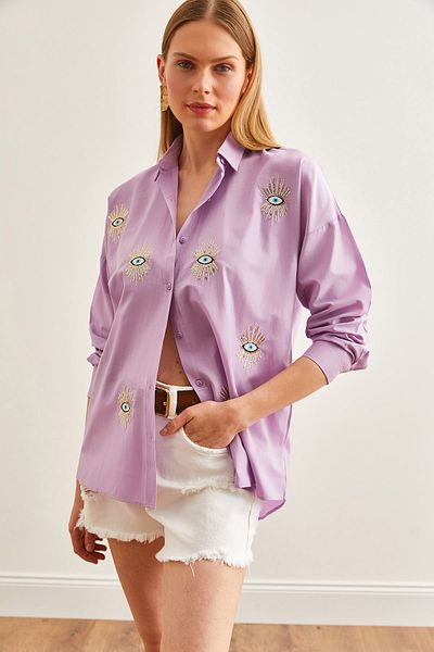 Olalook Lilac Sequined Women's Woven Boyfriend Shirt - GML-19000992