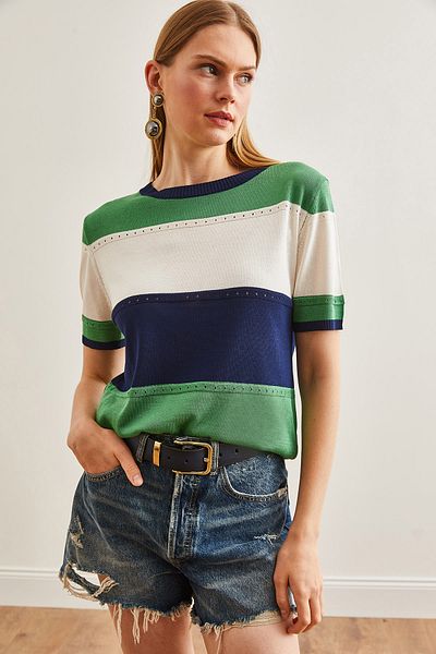 Olalook Navy Blue Blocked Mercerized Knitwear Γυναικεία Μπλούζα - BLZ-19002640