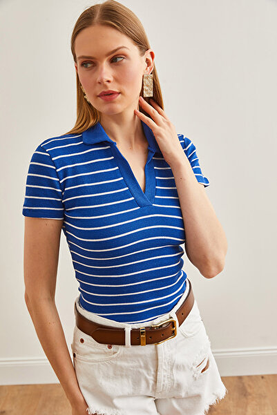 Olalook Жіноча блузка з коміром-поло в смужку Saks Blue BLZ19002563