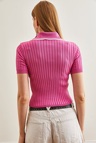 Olalook Pink Polo Neck Crop Knitwear Women's Blouse - Button Detailed BLZ-19002642