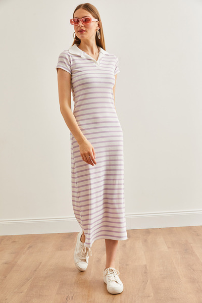 Olalook Lilac Polo Collar Striped Lycra Women's Dress - ELB-19002045