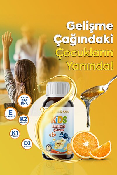 Zühre Ana Kids Çocuklar için - Omega 3 Balık Yağı Şurubu Vitamin Katkılı ve Portakallı 150 Ml