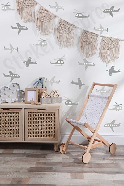 Sticker Ekspres Gri Tonlarda Küçük Helikopterler Ve Uçaklar Çocuk Odası Duvar...