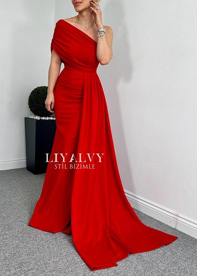 LİYALVY Βραδινό φόρεμα Fish Model Red Paris - Κρεπ ύφασμα, μανίκια με λεπτομέρειες και ουρά