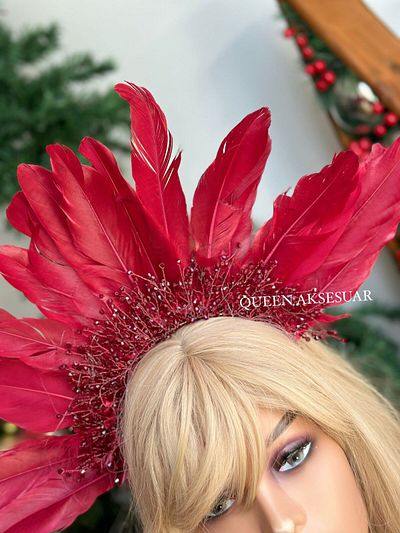 Queen Nelly Luxury Red Crystal Jewelled High Feather Cleopatra Design - Bride and Queen Crown