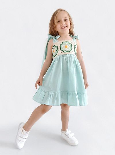 le petit sole Linen Girl's Dress - Knitted Detail