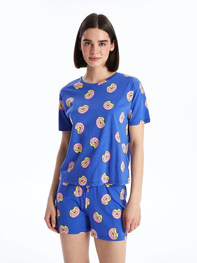 LC Waikiki LCW Young Women - Set de pijamale cu mânecă scurtă cu imprimeu cu gâtul pentru ciclism