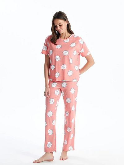 LC Waikiki Lcw Young Crew Neck Patterned Short Sleeve Women's Pajamas Set
