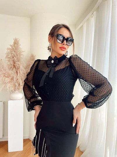 1Moda1Tarz Γυναικείο φόρεμα Cyan Crepe - με λεπτομέρεια από τούλι και αξεσουάρ αλυσίδας