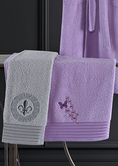 BİNNUR HOME Alya Embroidered Cotton 4 Piece Family Bathrobe Set Lilac I Gray