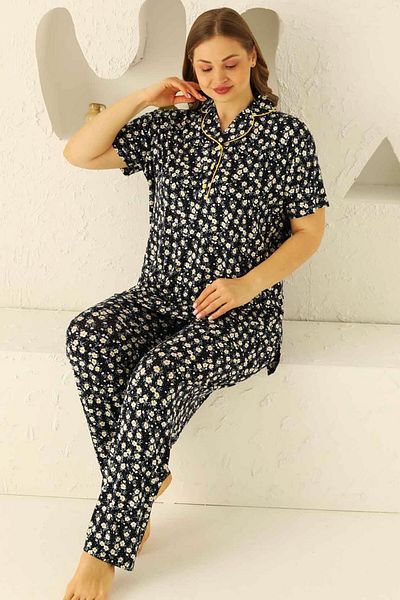 ALİMER Plus Size Black Daisy Print Shirt Collar Pajamas Set - Short Sleeve EDY2718B-S