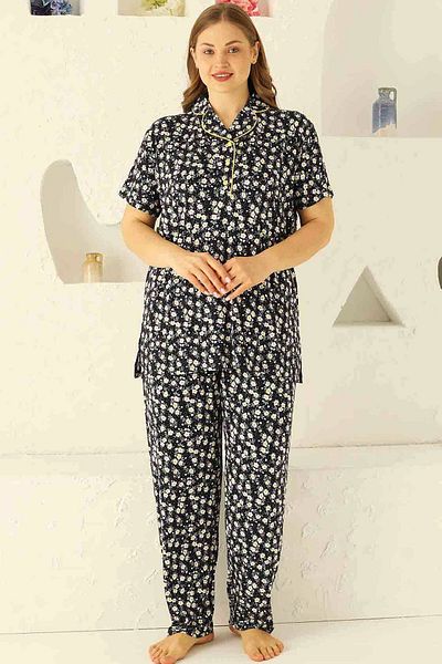 ALİMER Plus Size Black Daisy Print Shirt Collar Pajamas Set - Short Sleeve EDY2718B-S