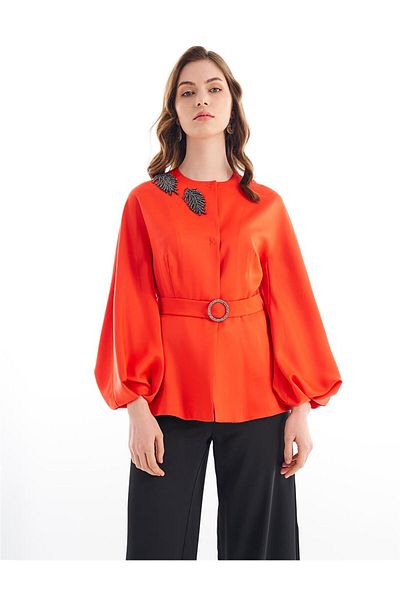 Kayra Coral Balloon Sleeve Jacket - With Metal Accessories
