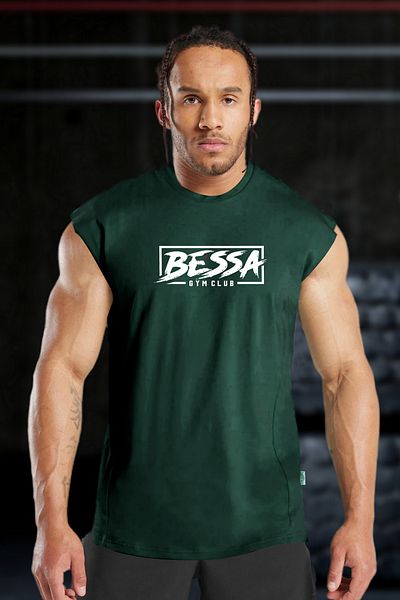 BESSA تي شيرت رجالي من القطن بدون أكمام مطبوع عليه وحش - رقبة دائرية