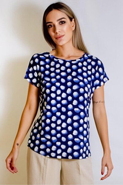 ARESMODA تي شيرت نسائي مريح برقبة دائرية من الفيسكوز مطبوع باللون الأزرق الداكن