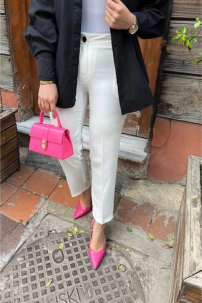 Tesettür Diyarı White Women's Trousers - Pocket and Pencil Leg
