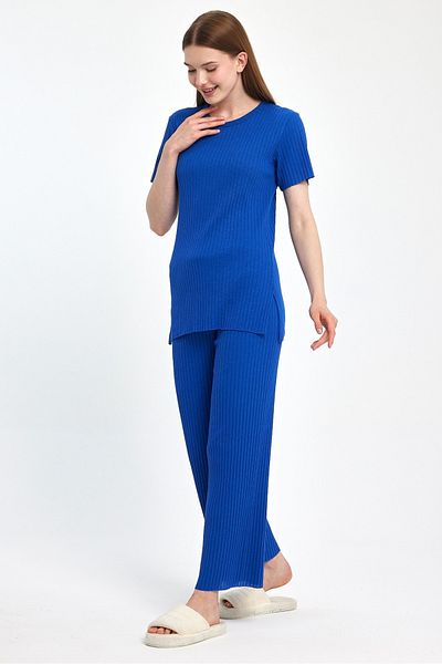 MEBA Women's Seasonal Short Sleeve Corded Saks Blue Pajama Set
