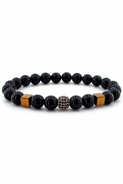 Solfera Men's Bracelet - Zircon Stone Globe, Shiny Onyx and Hematite, Natural Stone J0259