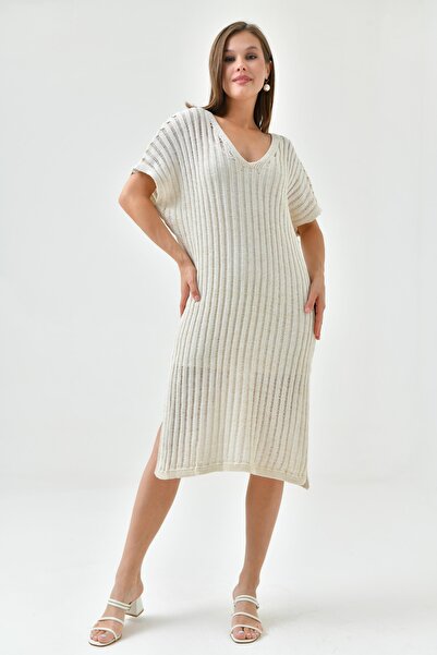 lovebox V-подібний бежевий трикотажний плаття середньої довжини - кажанові ру...