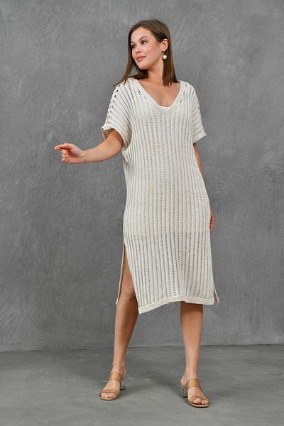 4S1B FASHION Πλεκτό φόρεμα παραλίας σε μπεζ μίντι μήκους V-λαιμόκοψη - με φόδρα, σχοινί μετάβασης 9092